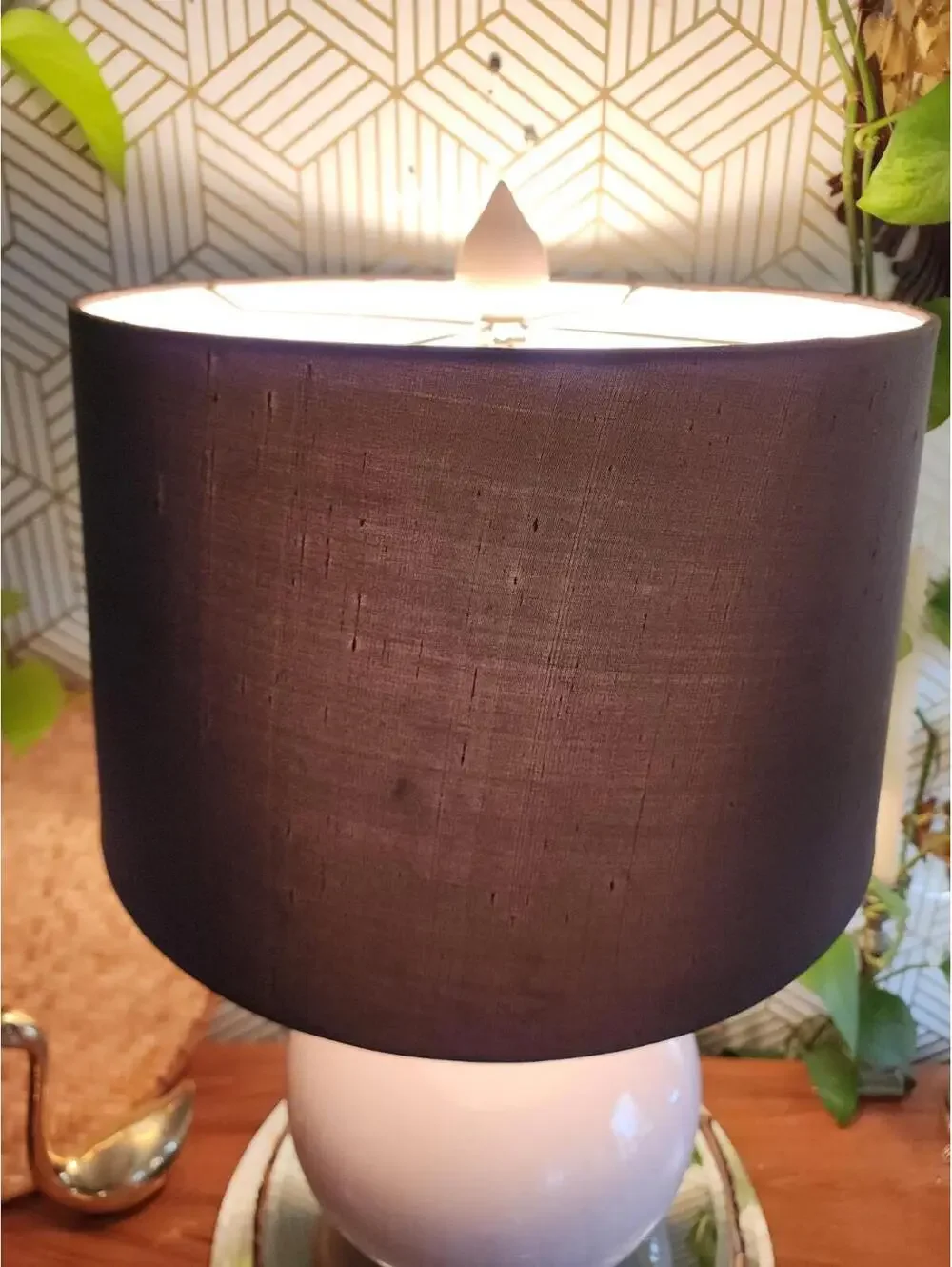 Vintage Large Pink Ceramic Table Lamp With Drum Shade And Ceramic Finial